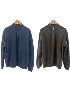 Tommy Bahama Mens Reversible Blue Brown Knit 1/4 Zip Pullover Sweater Size XL
